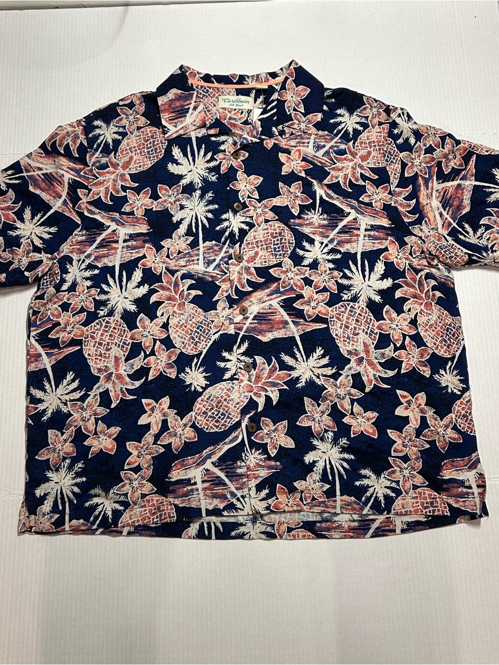 Caribbean Silk Blend Men’s Tropical Floral Hawaiian Shirt Navy Blue Short Sleeve